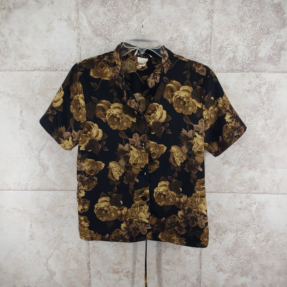 Button Front Floral Focus Studios Short Sleeve Shirt Tie Back Vtg Blouse Size 10